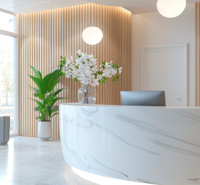 Recepción de una clínica estética moderna y luminosa con diseño minimalista
