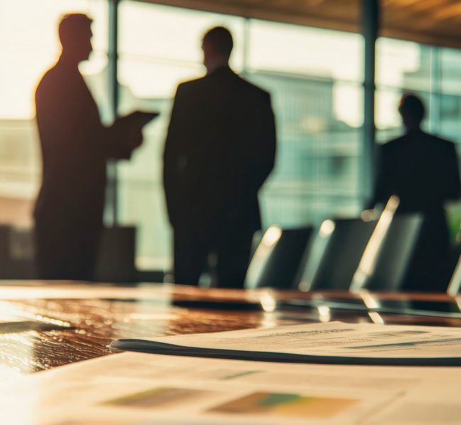 Reunión estratégica con ejecutivos en segundo plano y documentos sobre una mesa de juntas