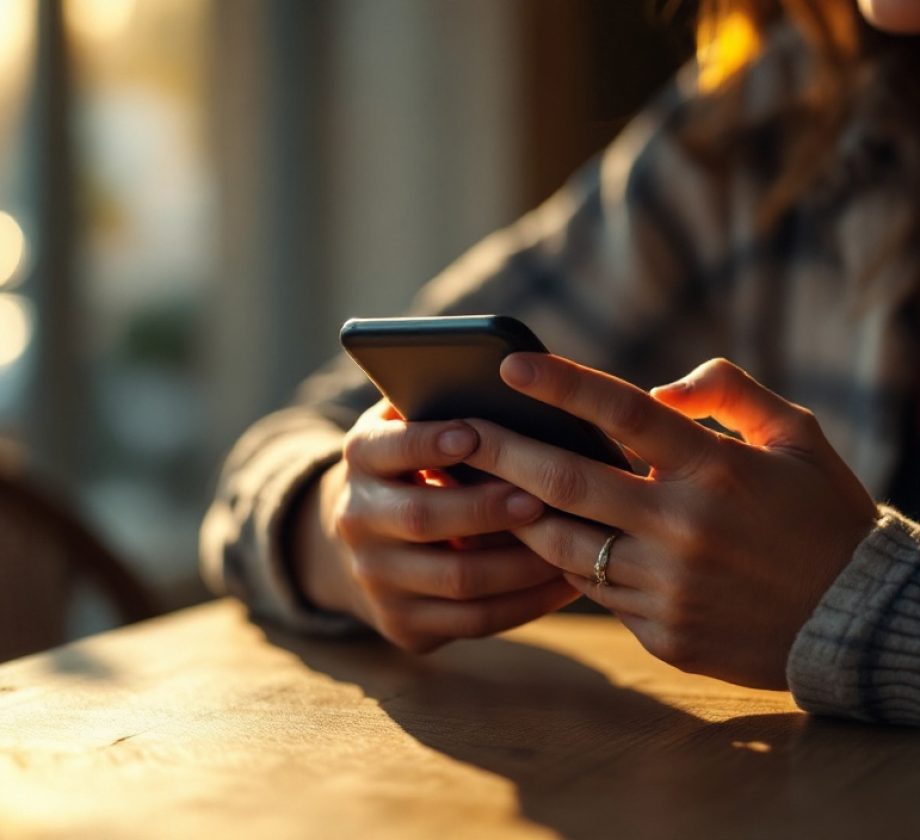 oven mirando su móvil mientras compra online desde una app de mensajería, reflejando la integración entre conversación y e-commerce.