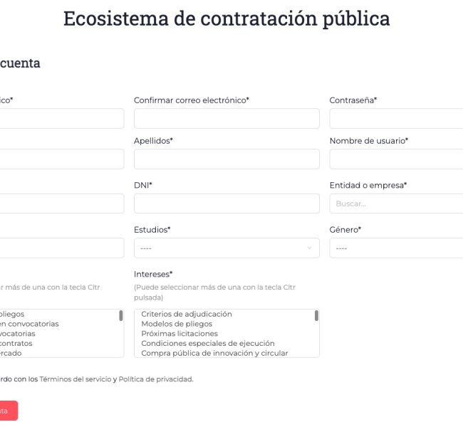 Formulario de inscripción para acceder al ecosistema de contratación pública circular de Novadays.