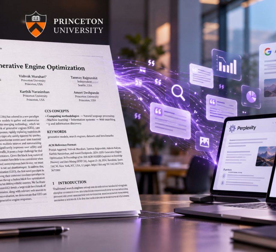 Portada del estudio GEO: Generative Engine Optimization, con el logotipo de Princeton y visualizaciones de datos que conectan la investigación con ChatGPT, Perplexity y Google AI.