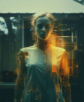 Retrato artístico de mujer fusionada con elementos tecnológicos en estilo futurista.