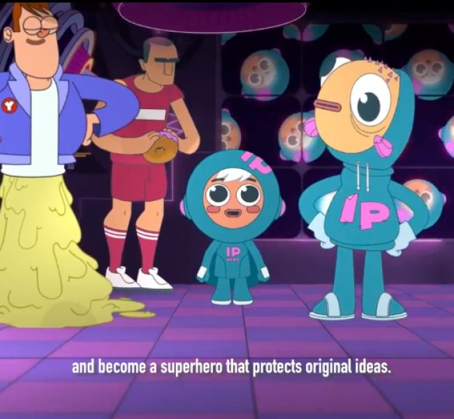 Personajes animados del Museo contra las Falsificaciones celebrando el fin del juego donde se protege la propiedad intelectual.