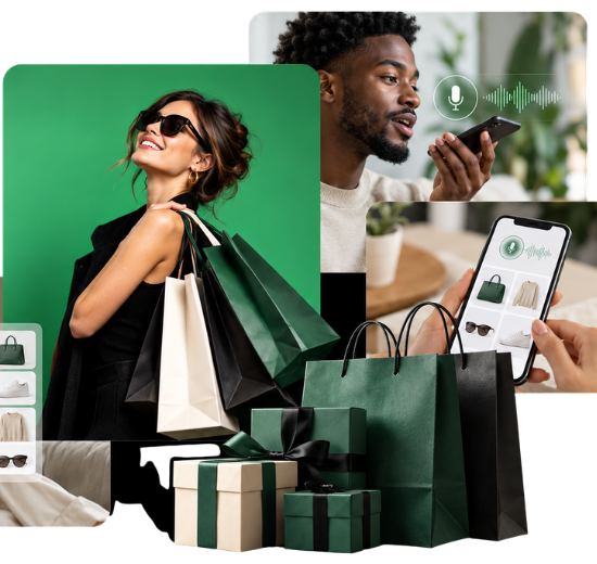 Collage de personas utilizando móviles para realizar búsquedas por voz y descubrir productos mediante inteligencia artificial, ilustrando la publicidad en ChatGPT Ads.