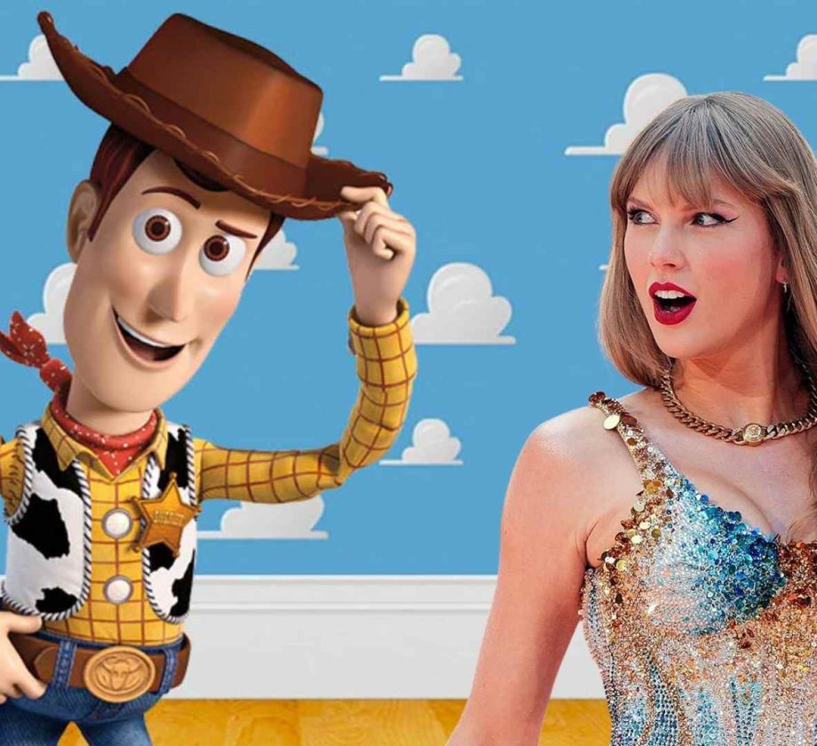 Taylor Swift junto a Woody de Toy Story en una imagen que representa el uso de Easter Eggs y narrativas transmedia en marketing de contenidos.