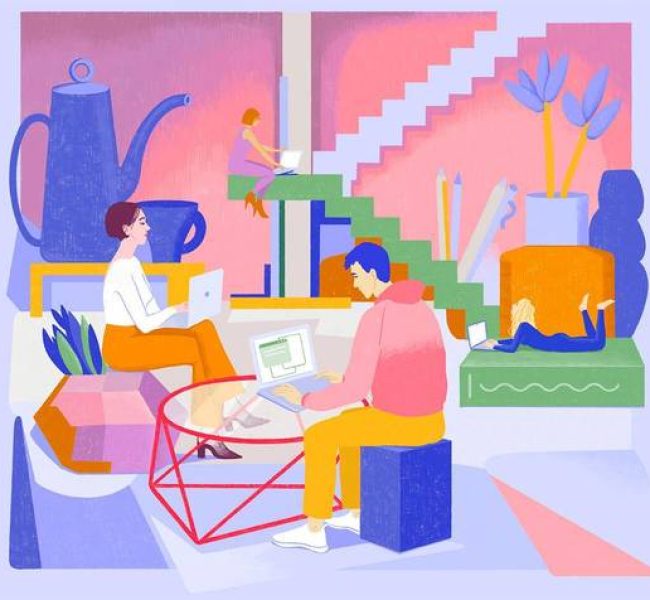 Ilustración de personas trabajando en un espacio de coworking moderno y colorido.